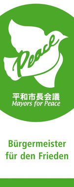 Logo Mayors for peace (wei�e Taube mit Aufschrift Peace auf gr�nem Kreis, Text: B�rgermeister f�r den Frieden)