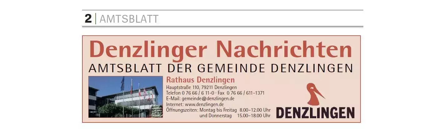 Foto Kopfzeile Amtsblatt "Denzlinger Nachrichten" mit Anschrift, Öffnungszeiten und Bildansicht Rathaus Foto Kopfzeile Amtsblatt "Denzlinger Nachrichten" mit Anschrift, Öffnungszeiten und Bildansicht Rathaus