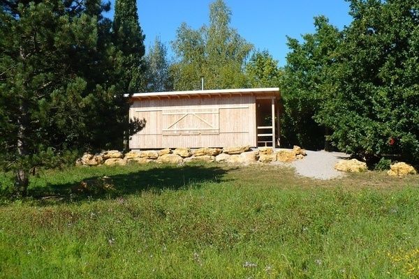 Eine Holzhütte eines Waldkindergartens stehend im Stadtpark 