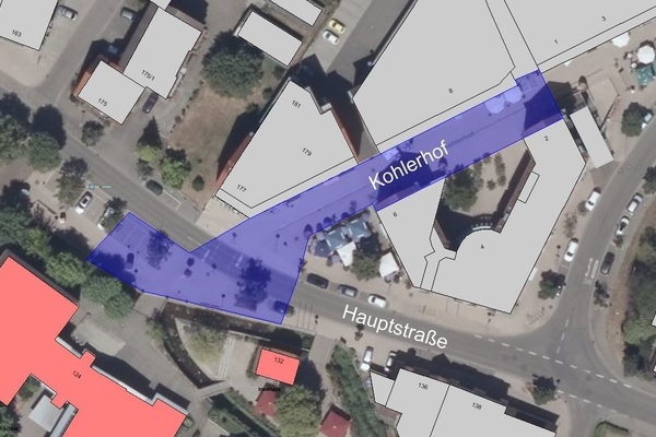 Ortsplan von Hauptstraße und Kohlerhof, Wegverlauf des Wochenmarktes Ortsplan von Hauptstraße und Kohlerhof, Wegverlauf des Wochenmarktes