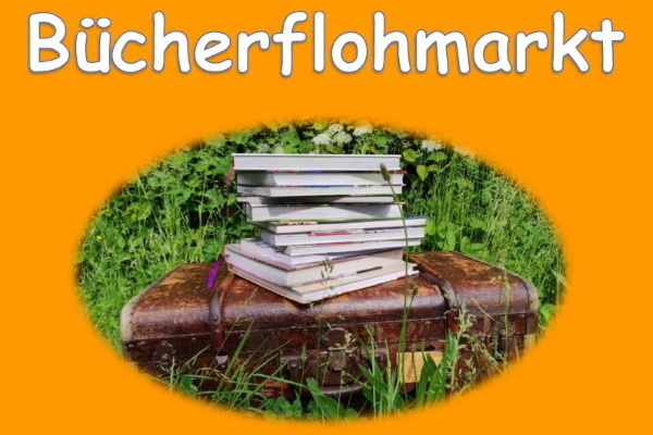 Ein Koffer mit mehreren Bücher gestapelt mit der Aufschrift Bücherflohmarkt Ein Koffer mit mehreren Bücher gestapelt mit der Aufschrift Bücherflohmarkt