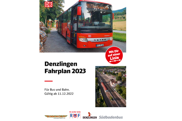 Busbahnhof Denzlingen und ein Bus mit dem Schriftzug Denzlingen Fahrplan 2023