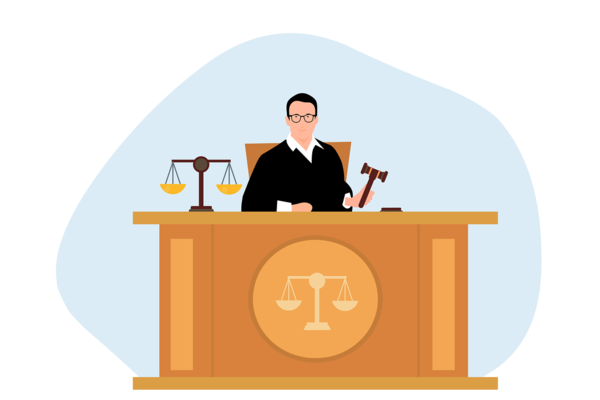 Zeichnung Richter im schwarzen Talar sitzt Gerichtssaal am Richtertisch mit Hammer und Justiz Waage 