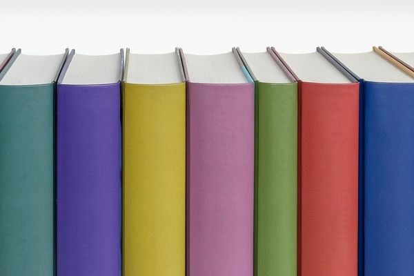 Reihe bunter Buchr&uuml;cken vor wei&szlig;em Hintergrund
