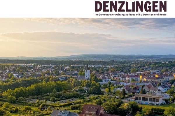 Titelblatt der Denzlinger Informationsbroschüre: Luftaufnahme des Ortes mit Denzlinger Logo