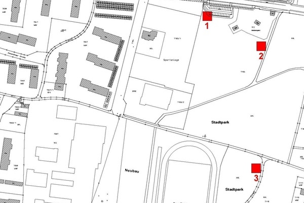 Lageplan mit drei roten Markierungen