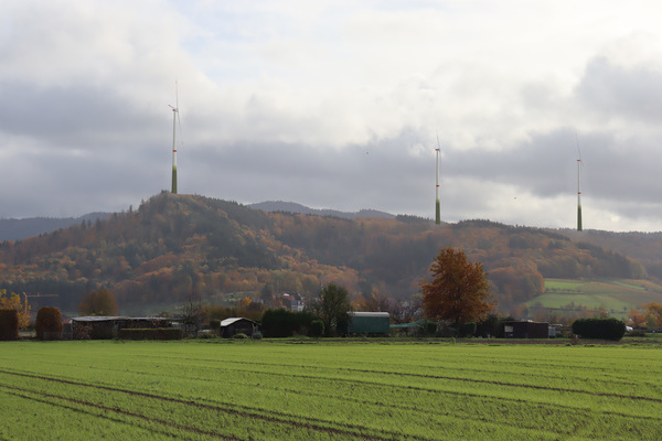 Bewaldeter H&uuml;gel mit drei Windr&auml;dern