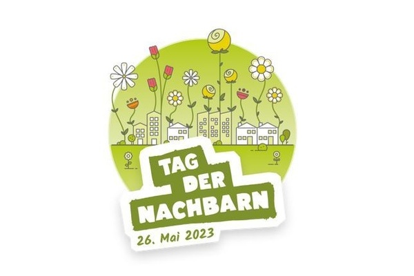 Runder grüner Kreis mit gezeichneten Blumen und Überschrift Tag des Nachbarn am 26. Mai 2023 Runder grüner Kreis mit gezeichneten Blumen und Überschrift Tag des Nachbarn am 26. Mai 2023