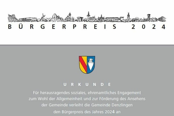 Bürgerpreis 2024 Urkunde - Schwarze und weiße Schrift auf weißem und grauen Untergrund. Denzlinger Wappen in gelb rot und blau.