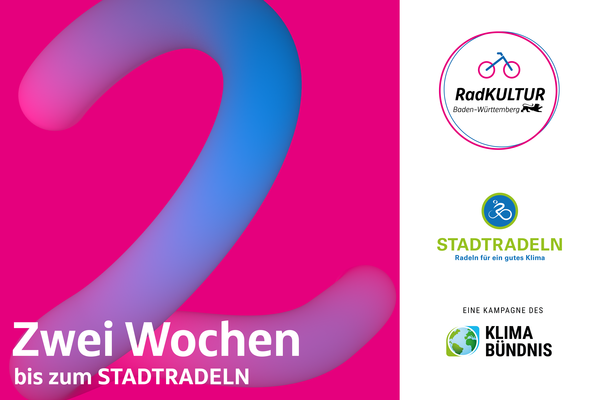 Zwei Wochen bis zum Stadtradeln. Logos der Veranstalter und Partner, blaue Zwei auf pinkem Untergrund Zwei Wochen bis zum Stadtradeln. Logos der Veranstalter und Partner, blaue Zwei auf pinkem Untergrund
