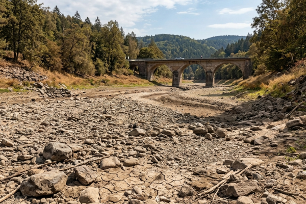 Trockenes Flussbett, Steinbr&uuml;cke, auf der ein Auto f&auml;hrt und ein Mensch steht. Bild mit KI generiert (Google Gemini)