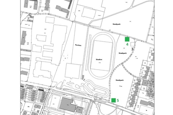 Lageplan mit gr&uuml;nen Markierungen 4 und 5, die die neuen Bohrstellen anzeigen