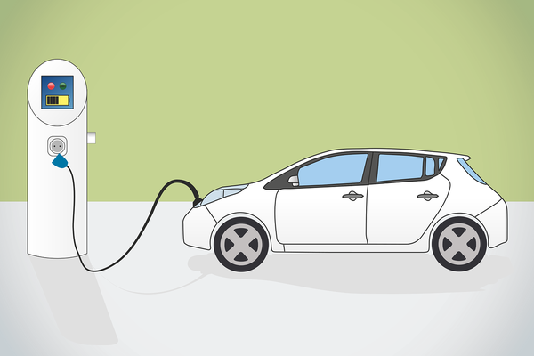 Zeichnung einer Elektroladesäule, an der ein Auto geladen wird Zeichnung einer Elektroladesäule, an der ein Auto geladen wird