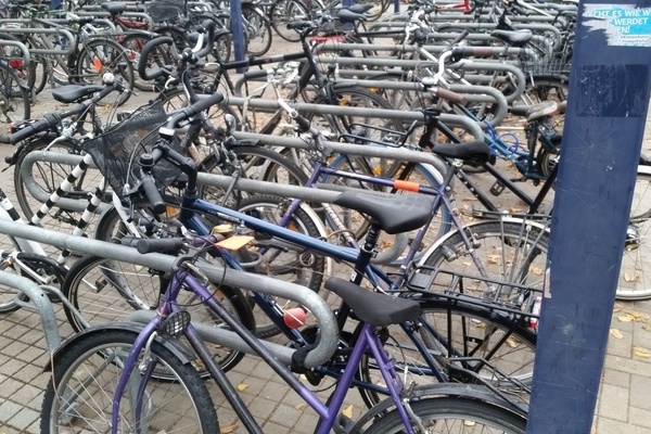 Viele Fahrr&auml;der abgestellt an Fahrradst&auml;ndern mit Anlehnb&uuml;gel und doppelseitiger Radeinstellung