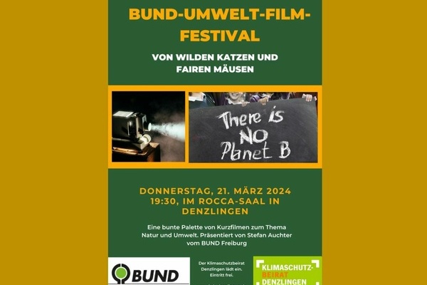 Veranstaltungsank&uuml;ndigung des Klimschutzbeirats Denzlingen. Ockerfarbene und wei&szlig;e Buchstaben auf dunkelgr&uuml;nem Untergrund