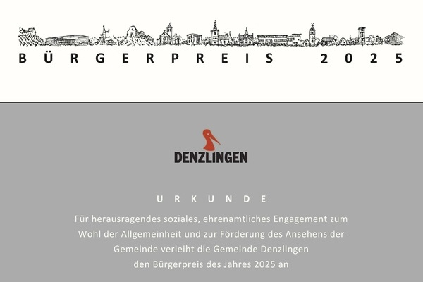Bürgerpreis 2024 Urkunde - Schwarze und weiße Schrift auf weißem und grauen Untergrund. Denzlinger Wappen in gelb rot und blau. Bürgerpreis 2024 Urkunde - Schwarze und weiße Schrift auf weißem und grauen Untergrund. Denzlinger Wappen in gelb rot und blau.