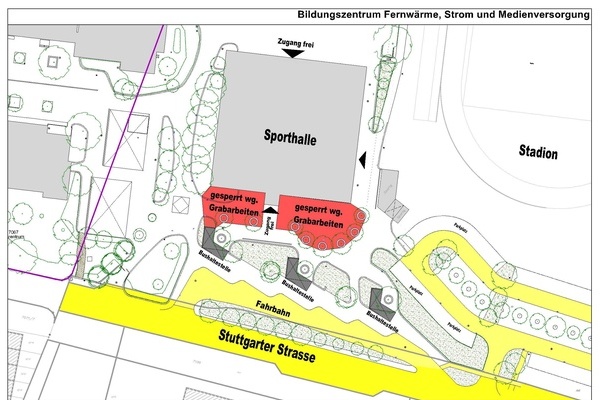 Plan des Bildungszentrums Denzlingen, rot und gelb markierte Fl&auml;chen