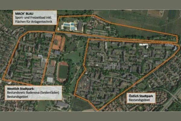 Luftaufnahme Denzlinger Stadtpark, Bildungszentrum und angrenzende Wohngebiete. Für die markierten Bereiche laufen Planungen für Nahwärmenetze. Foto: sinnology GmbH Luftaufnahme Denzlinger Stadtpark, Bildungszentrum und angrenzende Wohngebiete. Für die markierten Bereiche laufen Planungen für Nahwärmenetze. Foto: sinnology GmbH