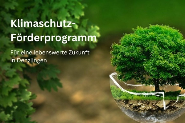Baum in zerbrochener Glaskugel, weie Schrift auf grnem Untergrund. Klimaschutz-Frderprogramm. Fr eine lebenswerte Zukunft in Denzlingen