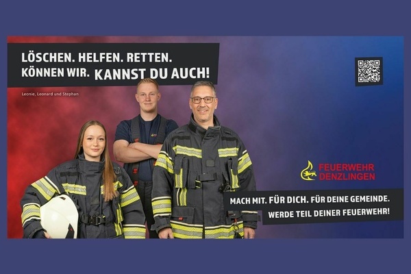drei Feuerwehrleute in Uniform auf rotem und blauem Hintergrund. Weiße Schrift auf schwarzem Hintergrund. Kreisweite Aktion der Freiwilligen Feuerwehren Aktion zur Mitgliedergewinnung