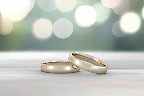 zwei goldene Eheringe liegen auf weier Flche, helle Lichtpunkte im Hintergrund