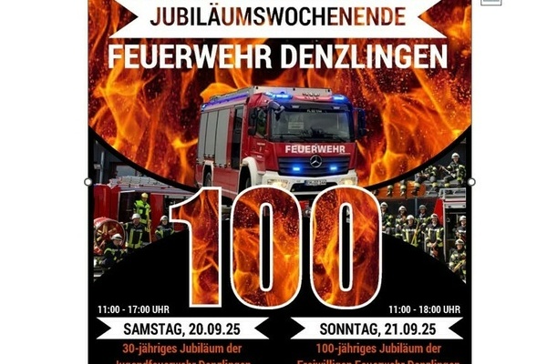 Flyer Jubilumswochenende Feuerwehr Denzlingen mit Feuerwehrfahrzeug und groer Zahl 100, Farbe flackerndes Feuer