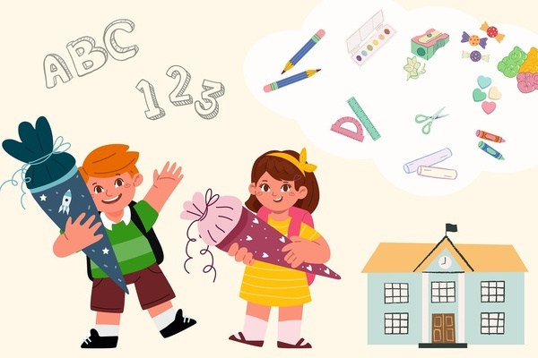 Ein Junge und ein Mädchen mit Schultüte, im Hintergrund Schulutensilien, Buchstaben, Zahlen und ein Schulgebäude Ein Junge und ein Mädchen mit Schultüte, im Hintergrund Schulutensilien, Buchstaben, Zahlen und ein Schulgebäude