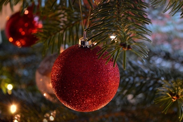 Rote Weihnachtskugel an einem Baum - Foto lizenzfrei von Pixabay