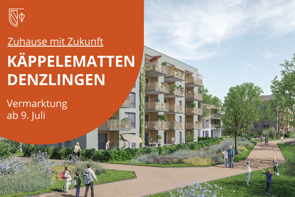 Visualisierung des Neubaugebiets K&auml;ppelematten in Denzlingen. Geb&auml;ude, Fu&szlig;weg, Gr&uuml;n, Menschen. Wei&szlig;e Schrift auf ziegelrotem Untergrund.