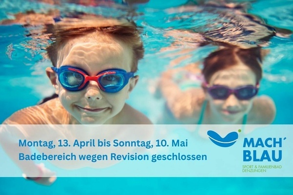 Revision MACH' BLAU Sport & Familienbad. Blauber Hintergrund, tauchende Kinder.