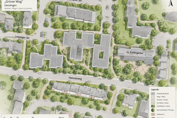 mit Chat GPT am 20.10.2026 anhand von Kartenmaterial generierter Plan, auf dem das Areal rund um das Seniorenzentrum "Gr&uuml;ner Weg" in Denzlingen sichtbar ist.