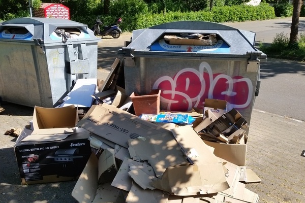 &Uuml;berf&uuml;llte Altpapiercontainer in Denzlingen - ein &Auml;rgernis!