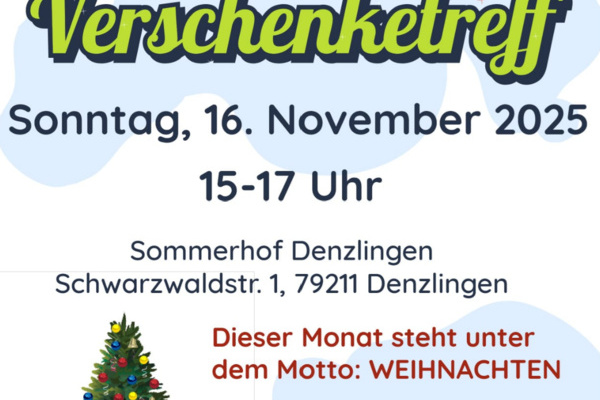 Verschenktreff Plakat - dunkle Schrift auf hellem Untergrund, grafische Elemente