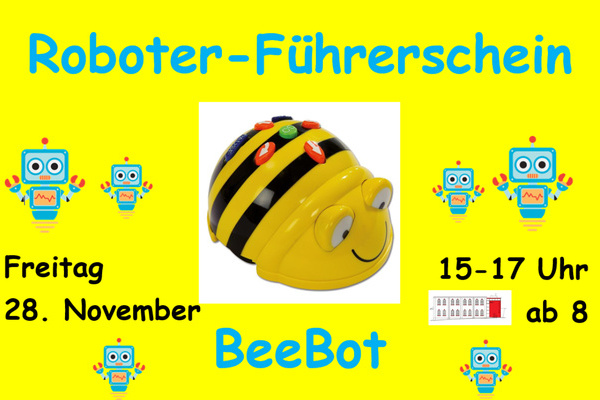 Roboter Fhrerschein BeeBot - gelber Hintergund, schwarze und hellblaue Schrift