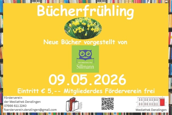 Plakat B�cherfr�hling in der Mediathek. Gelber Hintergrung, wei�e Schrift. 09.05.2026