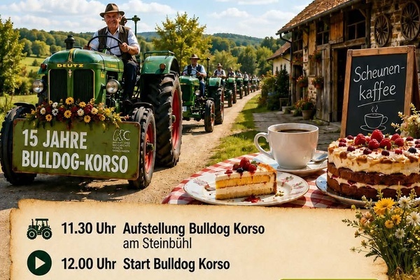 Plakat Bulldog Korso und Scheunenkaffee Heimatmuseum Heimat- und Geschichtsverein Denzlingen - Ein Traktorkorso f�hrt auf einem Feldweg, im Vrogdergrund sieht man Kuchen und eine Tasse Kaffee