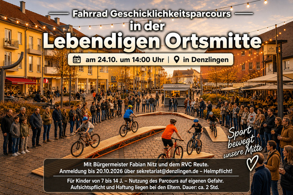 KI generierte Grafik zum Fahrradgeschicklichkeitsparcours in Denzlingens Zentrum. Zu sehen sind Kinder, die auf Fahrr�dern durch einen Parcours aus Holzrampen fahren. 
