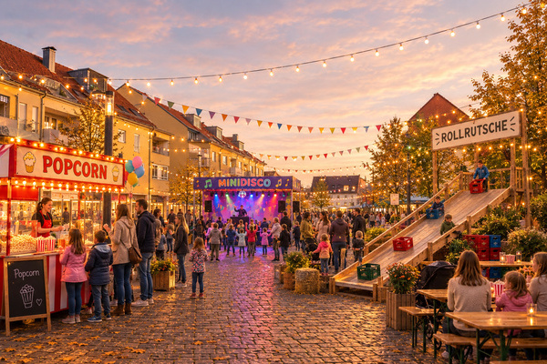 Dorfplatz mit Popcornstand, Rollenrutsche und B�hne f�r Minidisco